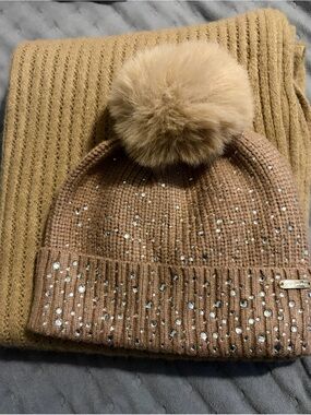 Steve Madden Tan Knit Pom Beanie with Rhinestones